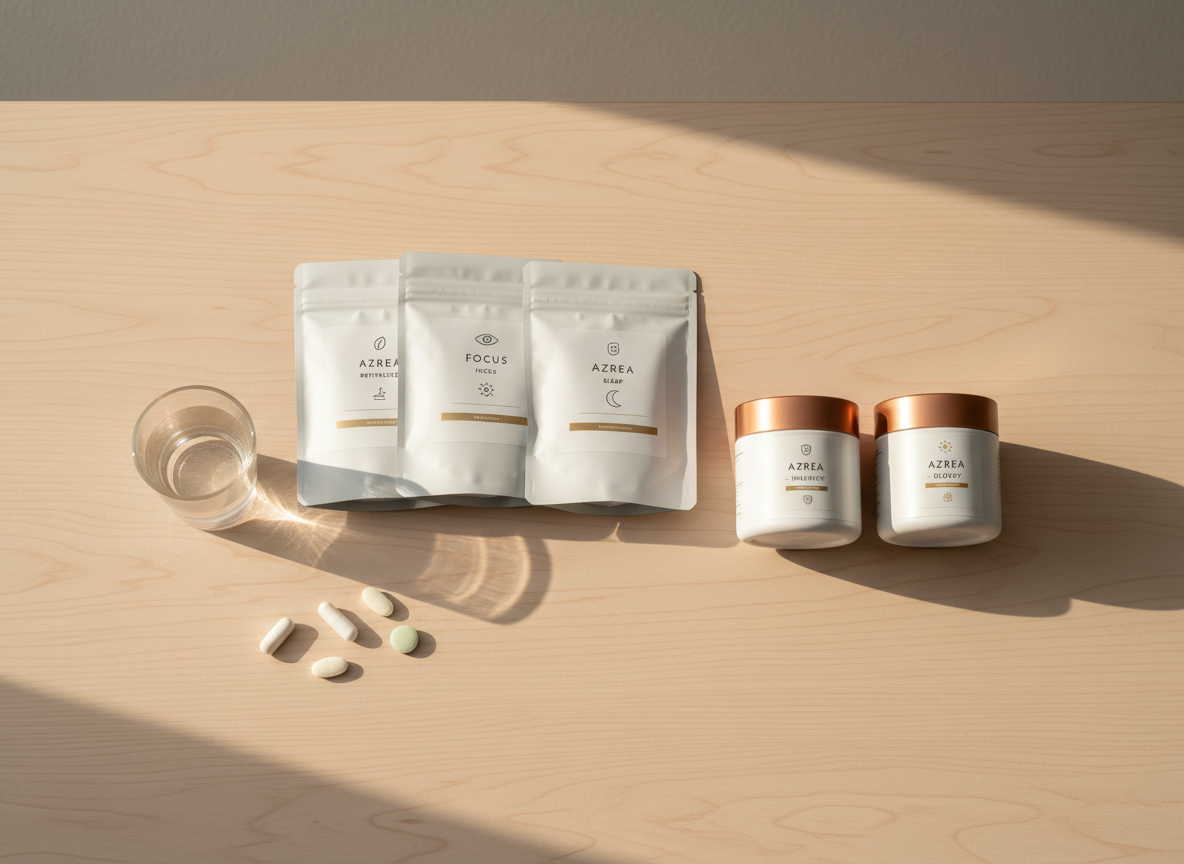 An organized flat-lay composition of AZREA supplement products carefully arranged on a smooth, light wood tabletop, evoking a modern Japanese aesthetic. Matte white supplement pouches and cylindrical jars with subtle metallic accents are aligned with precision beside a small, clear glass of water and a few neatly placed capsules and tablets in varying neutral tones. Minimalist icons and clean typography on the packaging highlight benefits and ingredients. Soft morning light streams from the right, creating long, delicate shadows and highlighting the texture of the wood. The background remains uncluttered, with a faint, blurred outline of a neutral-toned wall. Photographic realism with a top-down perspective, sharp focus throughout, and a calm, intentional atmosphere that communicates reliability, health, and daily routine support.