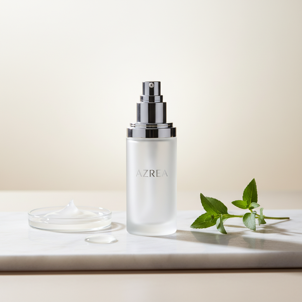A close-up of a single premium AZREA skincare serum bottle in frosted glass with a brushed silver pump, positioned precisely at the center of a polished, pale marble slab. Surrounding the bottle, subtle cosmetic ingredients such as a clear droplet of serum, a small glass petri dish with translucent gel, and a sprig of fresh green botanical leaves rest neatly, suggesting natural yet scientific formulation. Cool, diffused studio lighting from above and slightly behind creates a gentle halo effect around the bottle, emphasizing its contours and logo while maintaining soft shadows. The background fades into a smooth, out-of-focus gradient from white to soft beige. Composed with the rule of thirds and shallow depth of field in photographic realism, the image feels sophisticated, pure, and clinically professional.