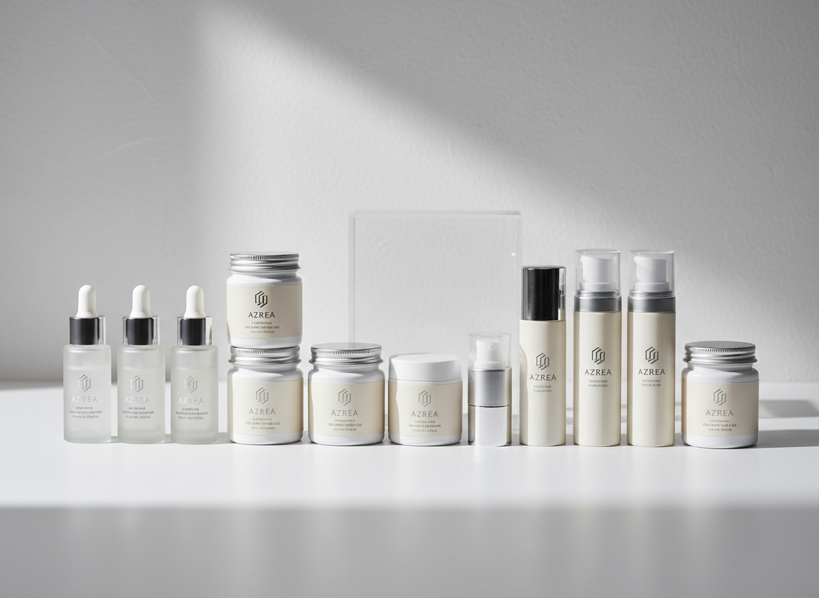 A meticulously arranged collection of AZREA-branded skincare and supplement products displayed on a pristine white lacquered surface. Elegant, frosted-glass serum bottles, matte-finish supplement jars, and sleek airless pumps in soft ivory and silver accents form a harmonious line. Subtle Japanese typography and a refined AZREA logo are clearly visible on the labels. In the background, a faintly textured light gray wall and a single translucent acrylic block create a sense of depth. Soft studio lighting from the left produces gentle highlights on the glass and metal details, casting barely-there shadows for a clean, clinical feel. Shot at eye level with a shallow depth of field, photographic realism, and a professional, minimalist aesthetic that conveys trust, quality, and advanced cosmetic science.
